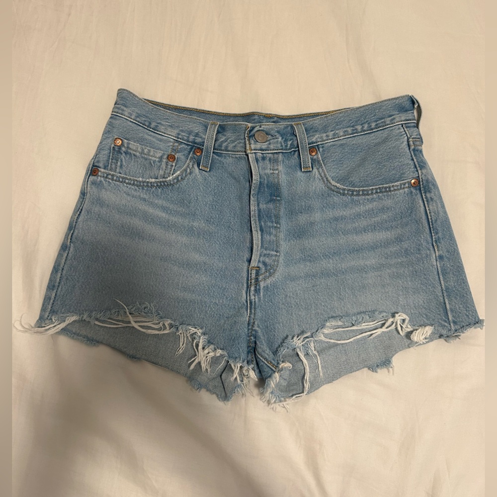 Levi's 501 Light Blue Frayed Hem Denim Shorts